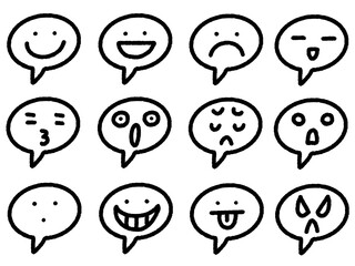 Cute Hand Drawn Emotion Faces Set in Speech Bubbles, Black and White Doodle Style Illustration