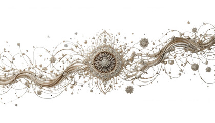 Elaborate decorative cream colored swirling liquid border design featuring an intricate central mandala element and scattered pearl accents on transparent background