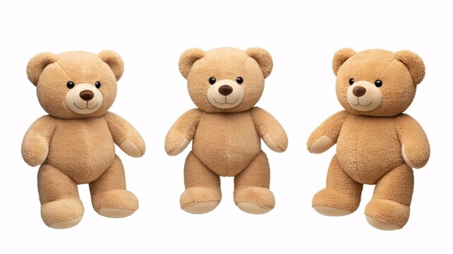 Three adorable teddy bears standing together on white background.