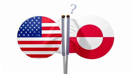U.S. and Greenland circular flags with question mark suggesting inquiry into bilateral relations.