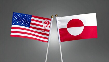 Modified U.S. flag with question mark beside Greenland flag symbolizing uncertainty in bilateral relations.