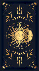 Tarot magic cover card frame. Celelstial mystery esoteric decoration with sun, stars and moon on blue background