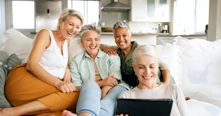 Sofa, mature women and laughing with tablet in home for comedy show, weekend break and bonding. Relax, friend group and happy with tech in apartment for streaming funny movie, holiday reunion or care