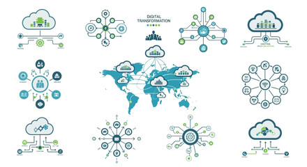 A collection of business infographic vector graphics depicting data and global connections on a white background with blue and green illustrations. © Fasuga