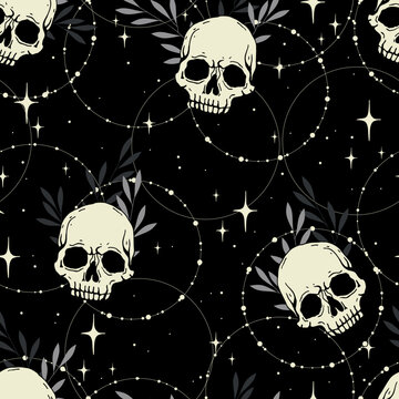 Vector seamless black pattern with stars and skulls. Gothic, rock vintage template.