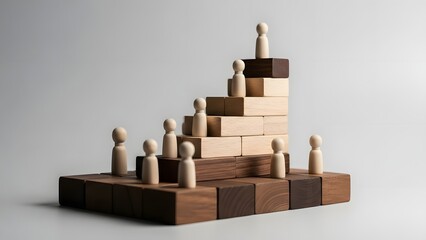 Conceptual display of wooden figures on a block structure, illustrating career progression, leadership, ambition, and the challenging journey to achieve ultimate success