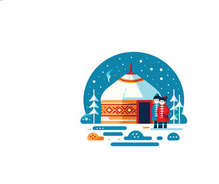 traditional winter scene with yurt and flat vector characters