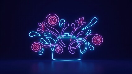 Vibrant neon glow illuminating a mystical teapot emitting colorful abstract energy and swirling