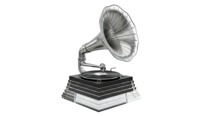 Vintage Gramophone with Metal Horn and Layered Base