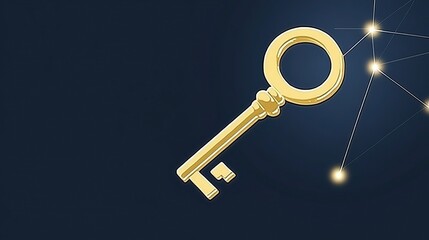 Elegant Golden Key Floating in a Dark Blue Digital Network Background