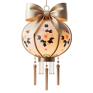 Elegant Chinese hanging lantern with a soft glowing light inside, a large beige satin bow on top, Generative AI