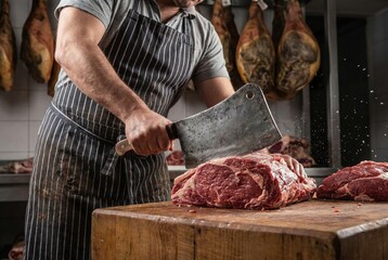 Male butcher in striped apron is chopping raw meat with a cleaver on a wooden cutting board in a meat processing facility with hanging cured meats in the background
