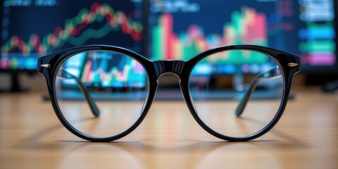 Business digital statistics concept. Stylish glasses in focus with financial charts blurred in the background.