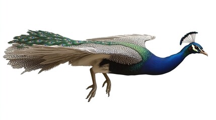 Elegant Indian Peafowl in Striking Iridescent Blue-Necked Profile with Long Tail Plumage