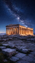 Obraz premium Ancient Greek Temple At Sunset Landscape 