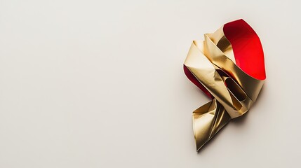 Elegant metallic gold and red ribbon bow resting on a minimalist pale background with soft shadows