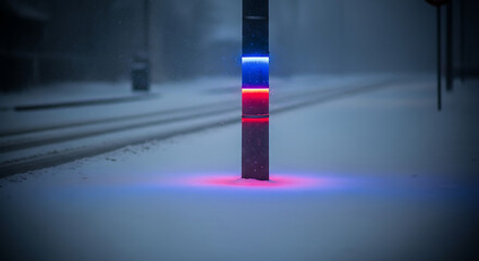 A cold, snowy scene with a vertical illuminated pillar featuring vibrant bands of blue, red, and orange, contrasting with the muted surroundings