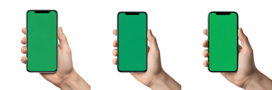 Set of hands holding modern smartphones with green screen chroma key, isolated mobile phone mockups for app presentation and digital advertising on white background - Powered by Adobe