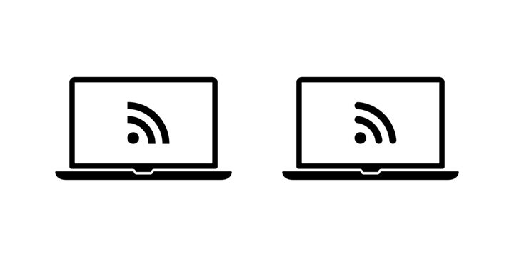 RSS feed icon in laptop screen. News update, blog subscription symbol in notebook computer display