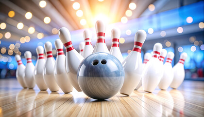 Naklejka premium Close-up of a bowling ball hitting pins scoring a strike