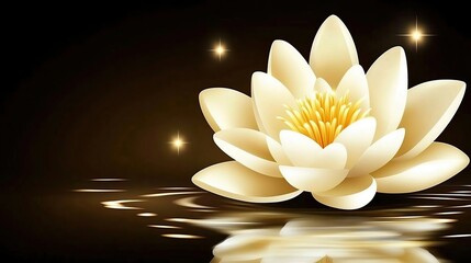 Elegant White Lotus Flower Floating on Reflective Water with Golden Glows and Sparkles