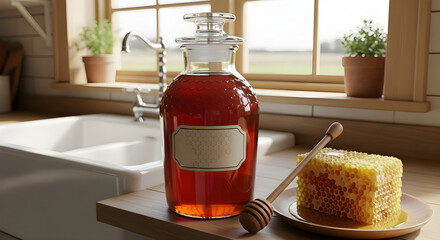 A jar of honey and a honeycomb on a kitchen counter with a window in the background