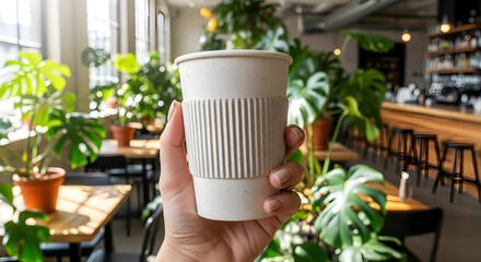 A hand holding a paper coffee cup in a modern cafe with plants and tables