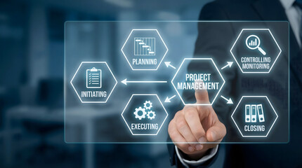 Professional businessman touches interactive project management flowchart on futuristic sc