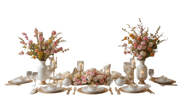 Elegant formal dining table setting featuring tall floral arrangements soft candlelight and luxurious golden tableware details on transparent background