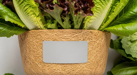 A close-up view of a wicker basket filled with fresh lettuce leaves on a plain background