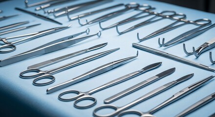 Close up of precision medical instruments meticulously arranged on a sterile surgical drape adhering to essential safety counting protocols, quality, procedure, counting