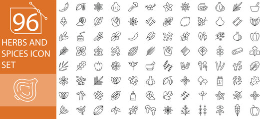 96 Herbs and Spices Icons Set Featuring Fresh and Dried Culinary Herbs, Aromatic Spices, Seasonings, Organic Ingredients, Cooking Essentials, Herbal Medicine Elements and Kitchen Flavouring Symbols. © hadia