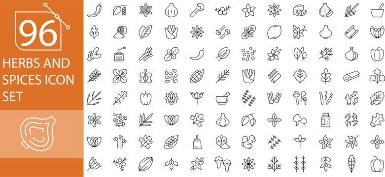 96 Herbs and Spices Icons Set Featuring Fresh and Dried Culinary Herbs, Aromatic Spices, Seasonings, Organic Ingredients, Cooking Essentials, Herbal Medicine Elements and Kitchen Flavouring Symbols.
