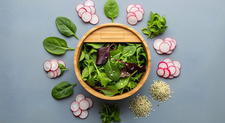 A wooden bowl filled with mixed greens and surrounded by sliced radishes and sesame seeds on a gray surface