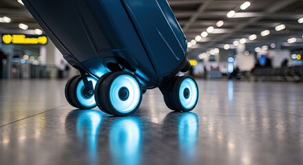 Modern Luggage with Illuminated Wheels Gliding Through a Busy Airport Terminal Floor, Symbolizing Futuristic Travel and Efficient Journeys