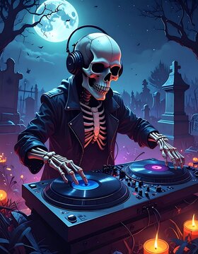 A skeleton wearing headphones spins records in a spooky graveyard at night