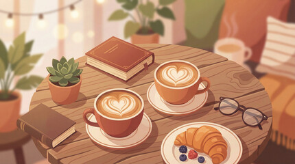 Cozy Coffee Date Illustration with Heart Latte Art and Croissant