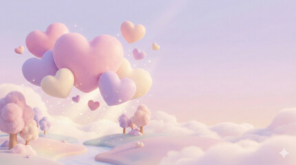 Dreamy 3D Pastel Heart Shaped Clouds in Fantasy Sky