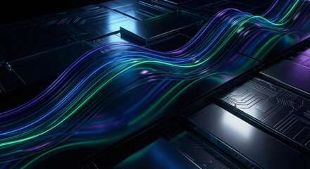 Abstract Dark Mode Futuristic Technology Background with Glowing Neon Data Waves