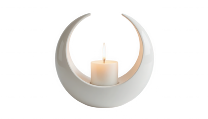 Elegant white ceramic crescent moon shaped tea light candle holder showcasing a single lit candle wick on transparent background