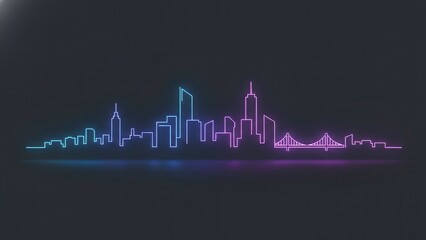 Naklejka premium Dynamic neon cityscape outline with vibrant gradient glow on a dark background illustrating urban