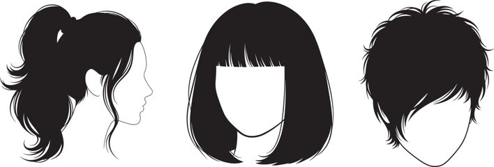 Silhouette of three women's head with long hair facing each other in black on white background