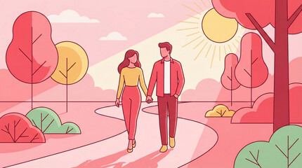 Modern Minimalist Illustration of Couple Walking Hand in Hand in Sunny Park