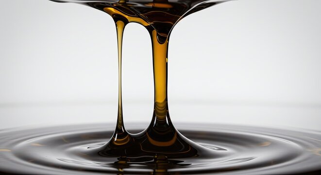 Close-up of thick, dark liquid dripping and forming ripples, showcasing its viscous texture and deep amber color