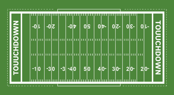 American Football Field Top View with Yardage Markings and Touchdown Zones.
