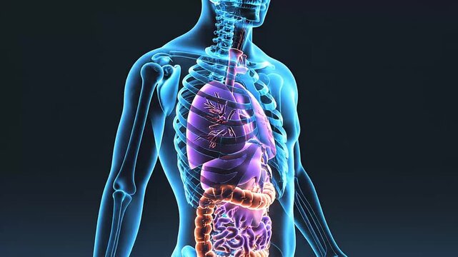 Anatomical visualization of the human torso displaying internal organs including lungs, intestines, and diaphragm, rendered in a detailed 3D medical illustration for educational purposes