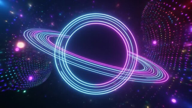 Futuristic 3D Logo Reveal with Glowing Neon Lines Forming Planet and Orbit with Digital Particles