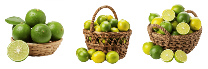 Set of fresh organic green limes and citrus slices in rustic wicker baskets isolated on white background.