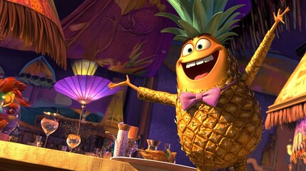 Energetic pineapple mascot with raised arms dancing at a tropical night club under purple neon lights