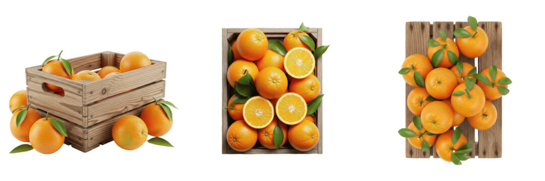 Set of fresh juicy oranges in rustic wooden crates and pallets isolated on white background.